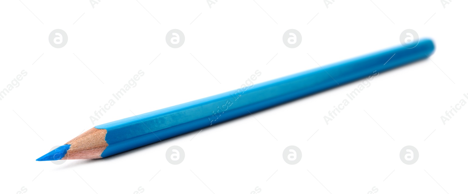 Photo of Light blue wooden pencil on white background. School stationery