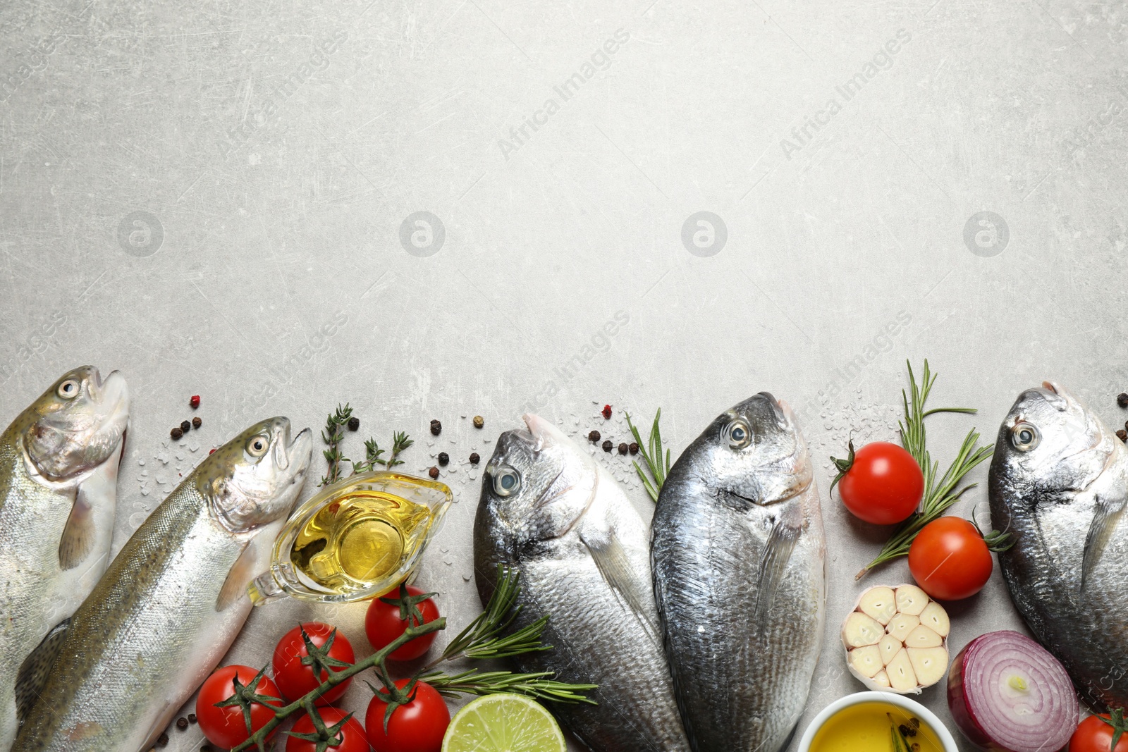 Photo of Flat lay composition with dorada and cutthroat fish on light grey table, space for text