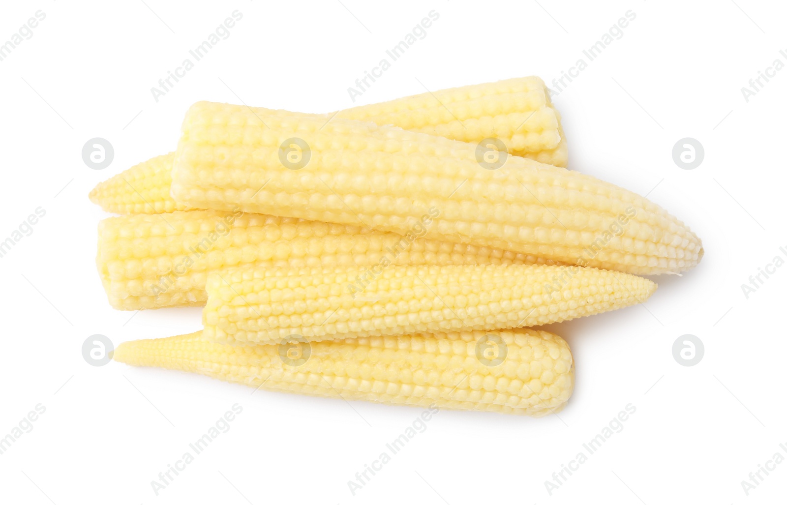 Photo of Tasty fresh baby corns isolated on white, top view