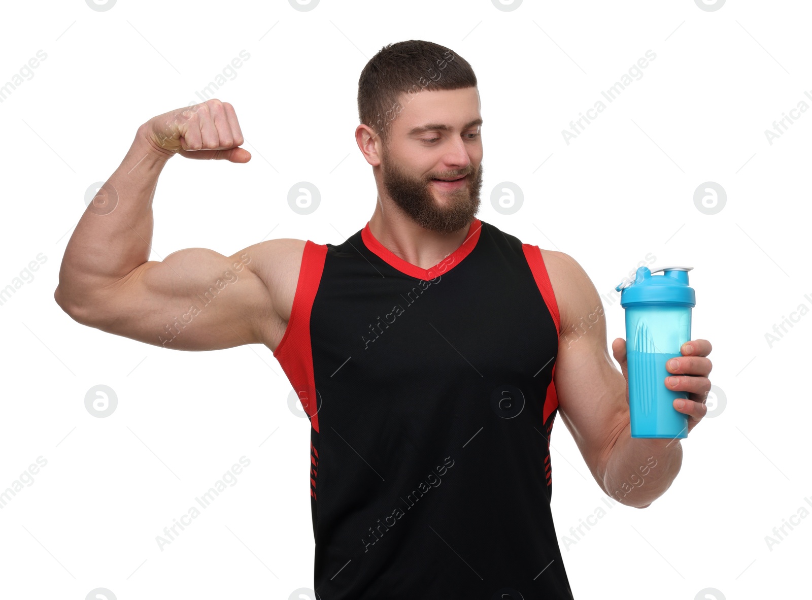 Photo of Young man with muscular body holding shaker of protein on white background