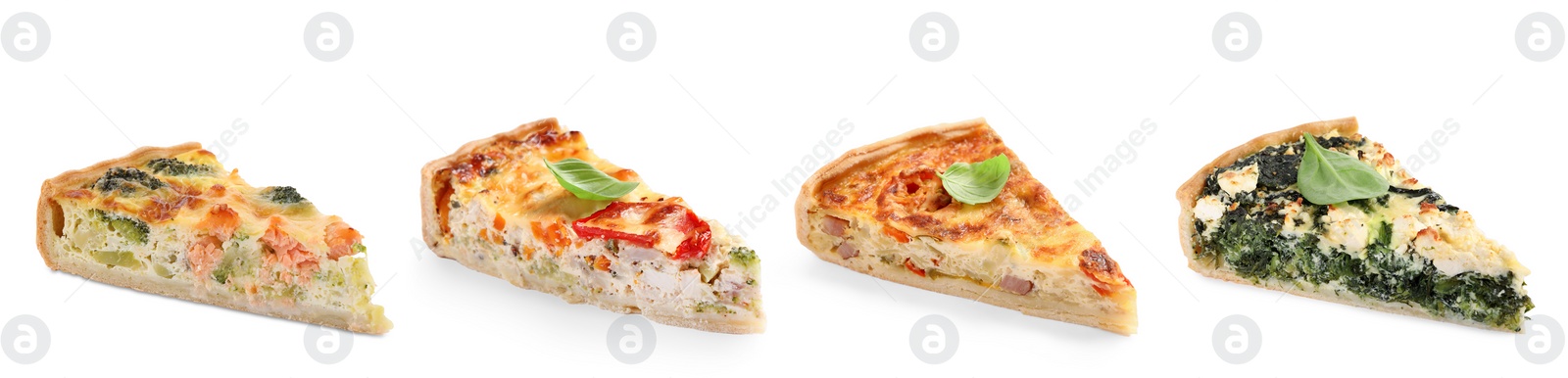 Image of Pieces of different quiches isolated on white, set