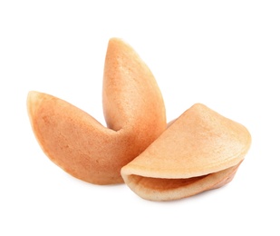 Photo of Tasty traditional fortune cookies on white background