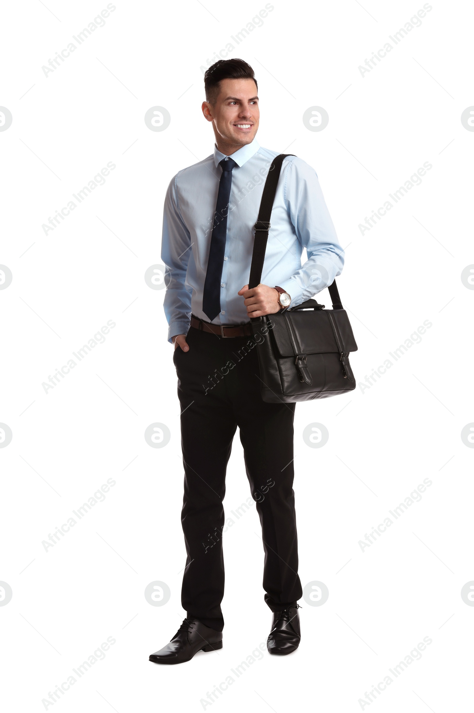 Photo of Businessman with stylish leather briefcase on white background