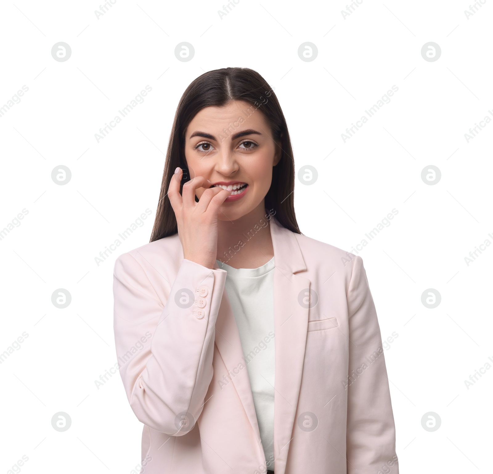 Photo of Beautiful young businesswoman standing on white background