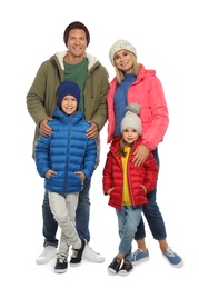 Happy family with children in warm clothes on white background. Winter season