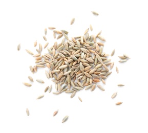 Pile of rye grains on white background, top view. Cereal crop