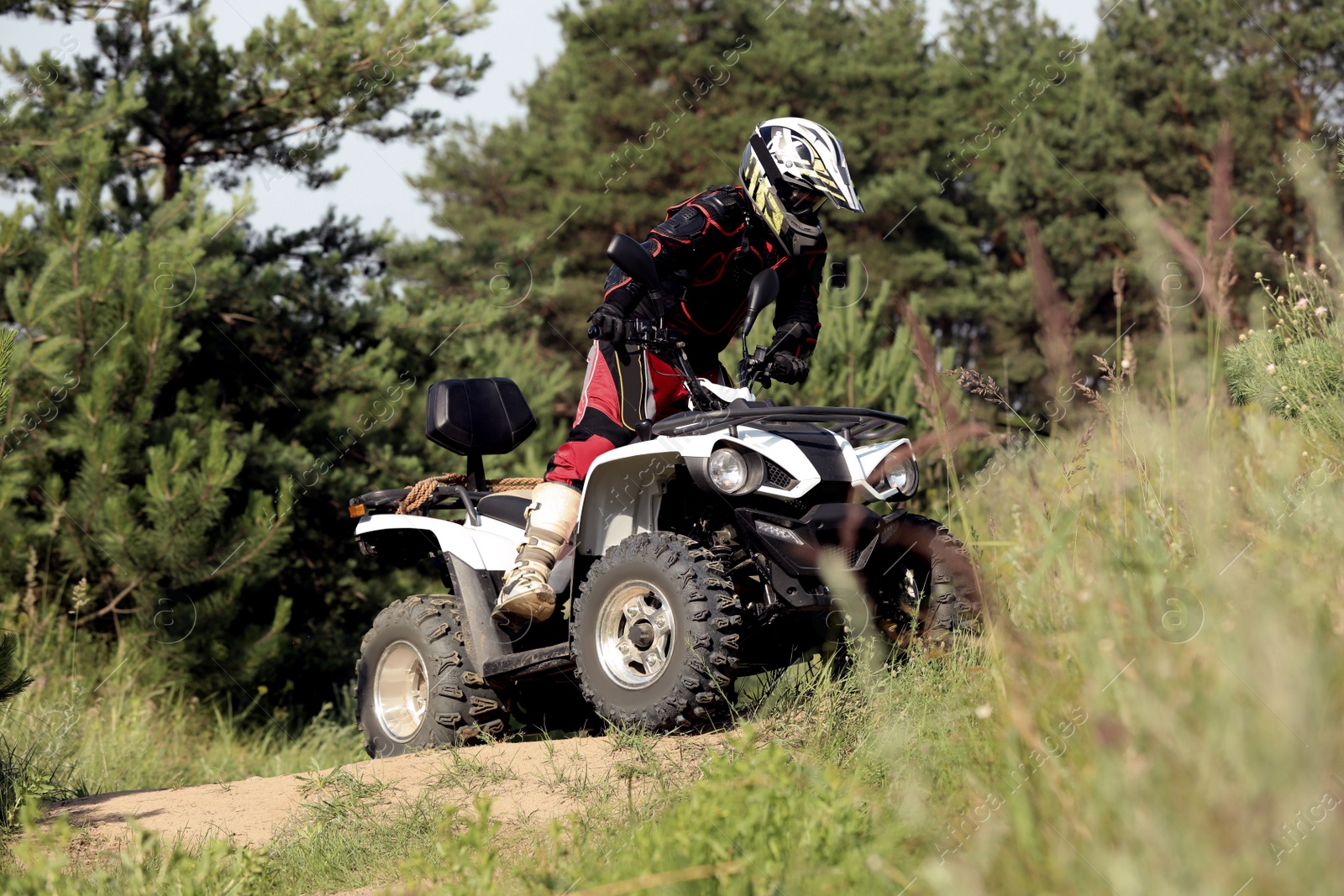 Photo of Man driving modern quad bike on sandy road near forest. Extreme sport