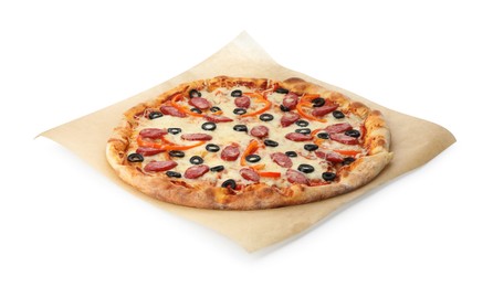 Photo of Tasty pizza with cheese, dry smoked sausages, olives and pepper isolated on white