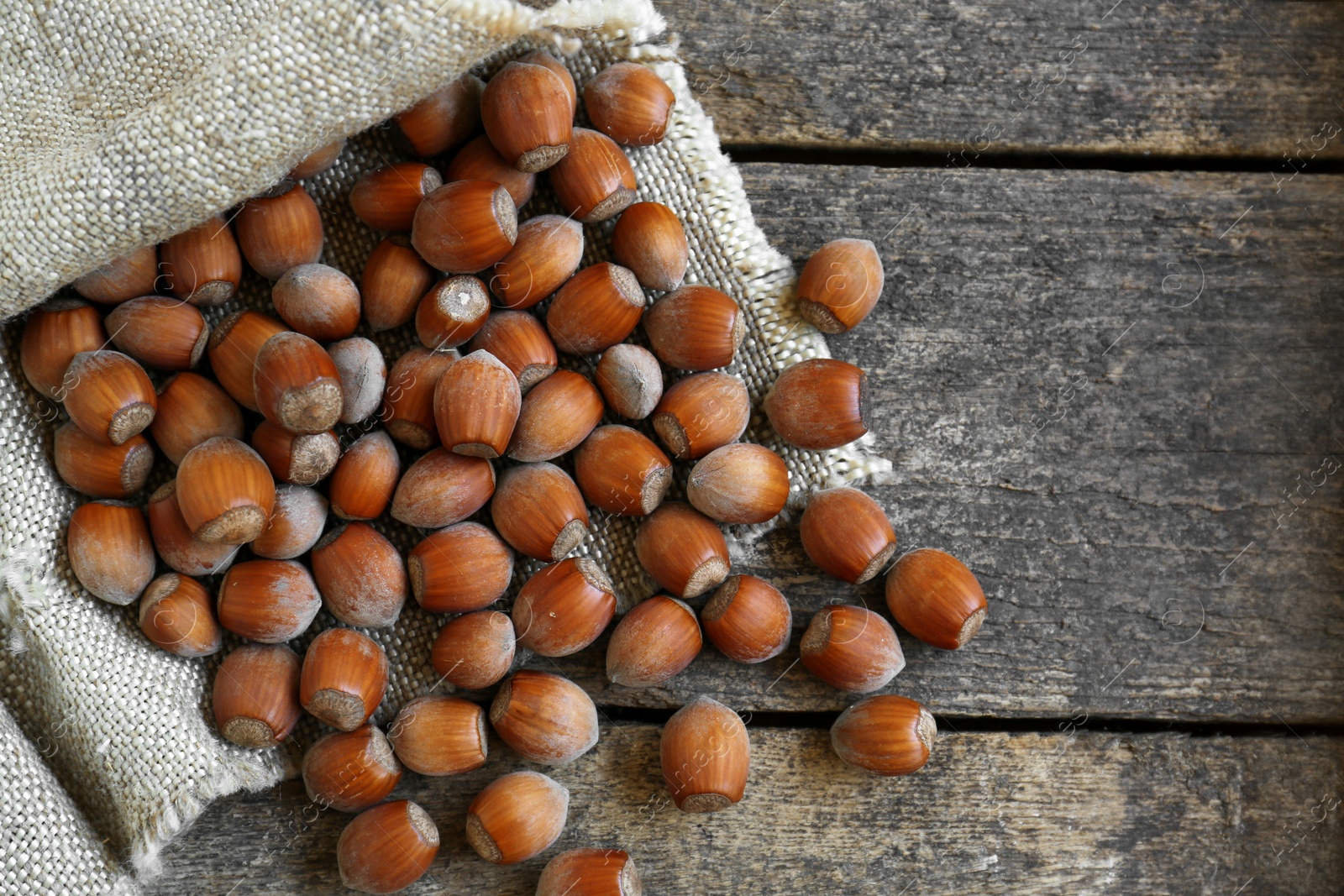 Photo of Tasty hazelnuts on wooden table, top view