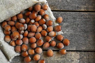 Tasty hazelnuts on wooden table, top view