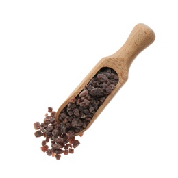 Photo of Black salt in wooden scoop on white background, top view