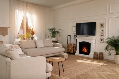 Photo of Stylish living room with comfortable sofas, modern TV and fireplace. Interior design