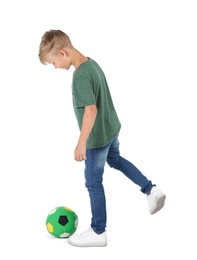 Little child playing with soccer ball on white background. Indoor entertainment