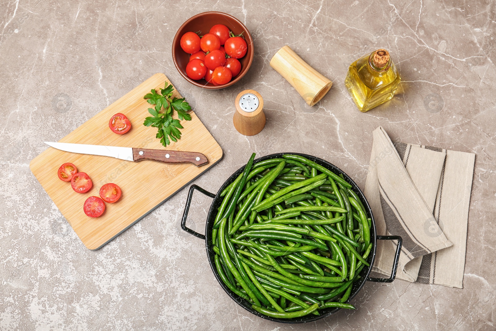 Photo of Flat lay composition with tasty green beans on table