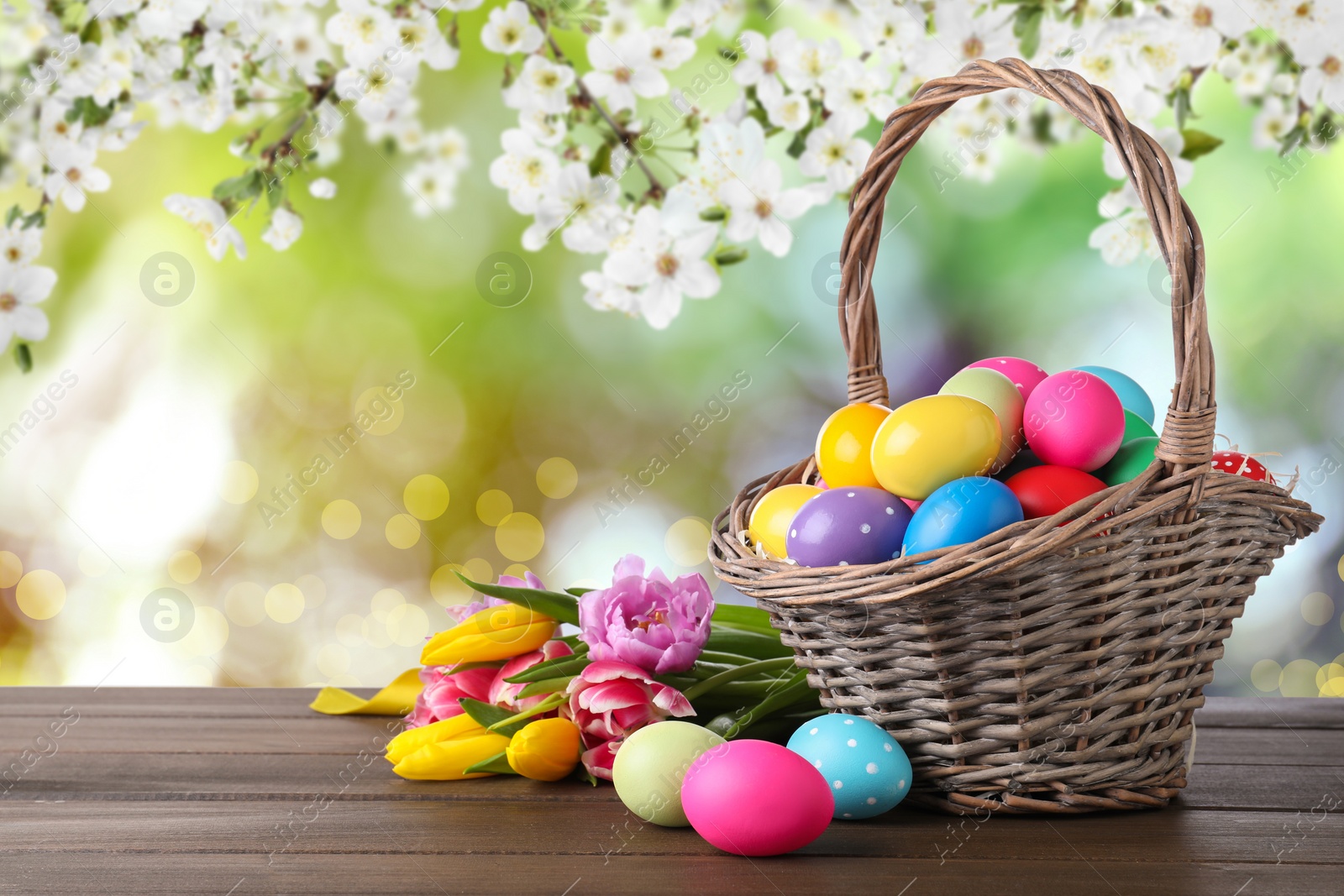 Image of Colorful Easter eggs in wicker basket and tulips on wooden table outdoors, space for text