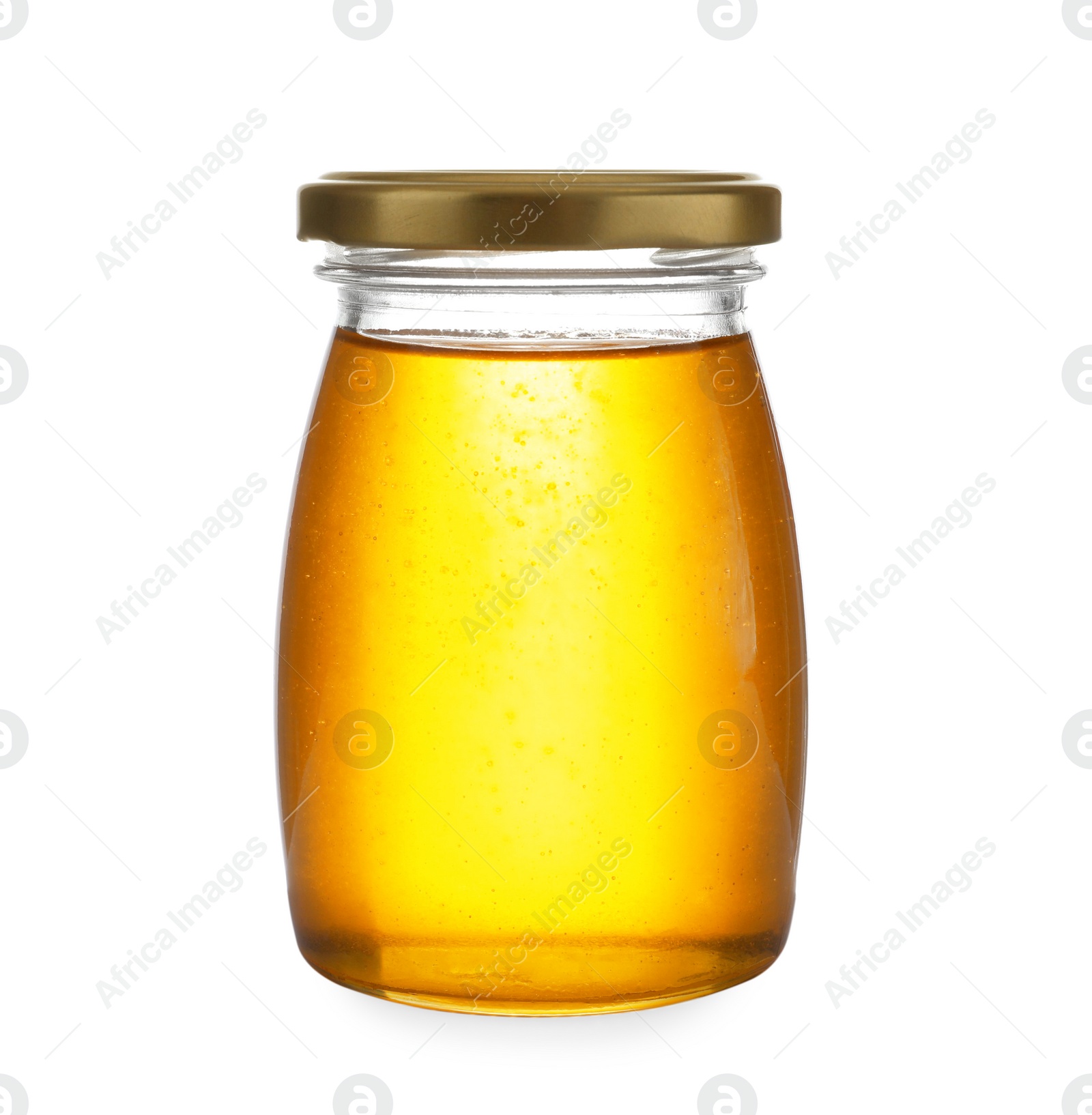 Photo of Jar with organic honey isolated on white