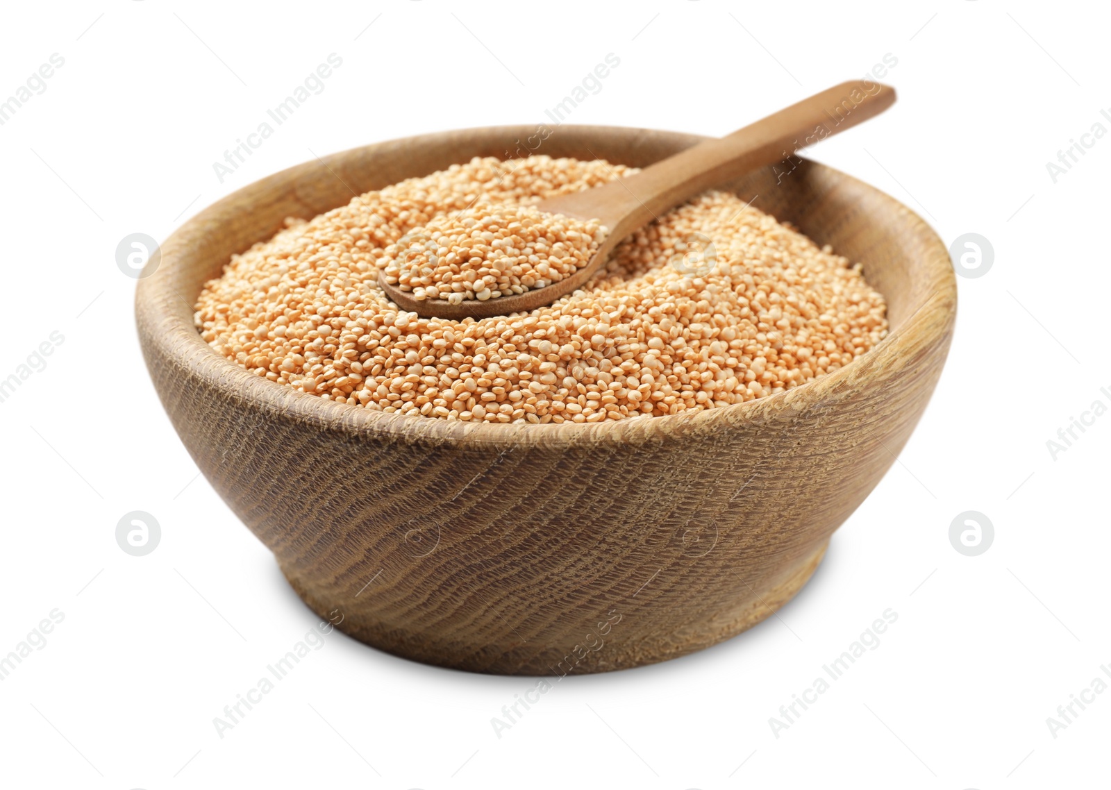 Photo of Raw quinoa and spoon in wooden bowl isolated on white