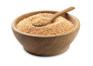 Photo of Raw quinoa and spoon in wooden bowl isolated on white