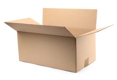 Photo of One open cardboard box on white background