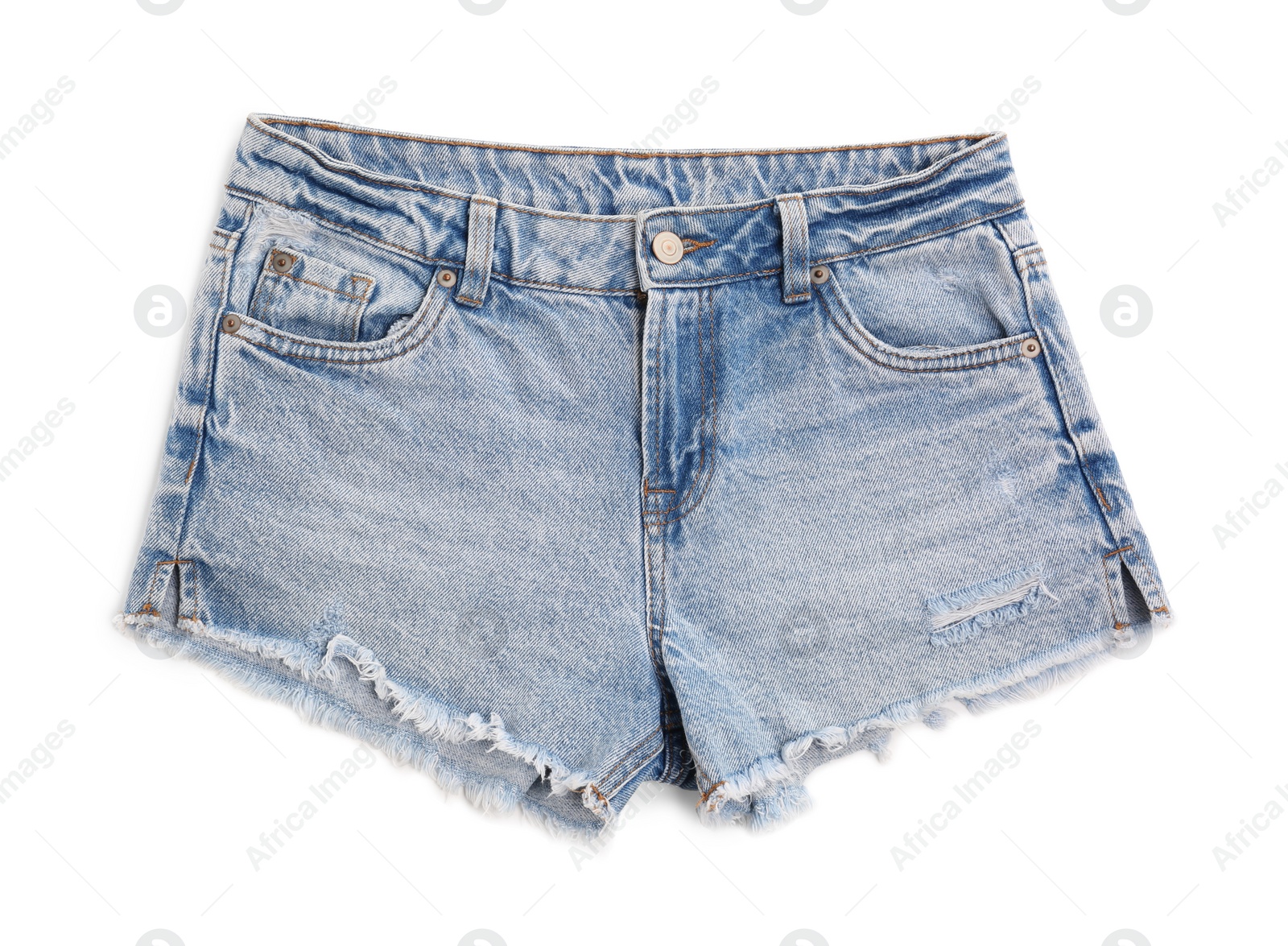 Photo of Light blue jean shorts isolated on white, top view. Stylish clothes