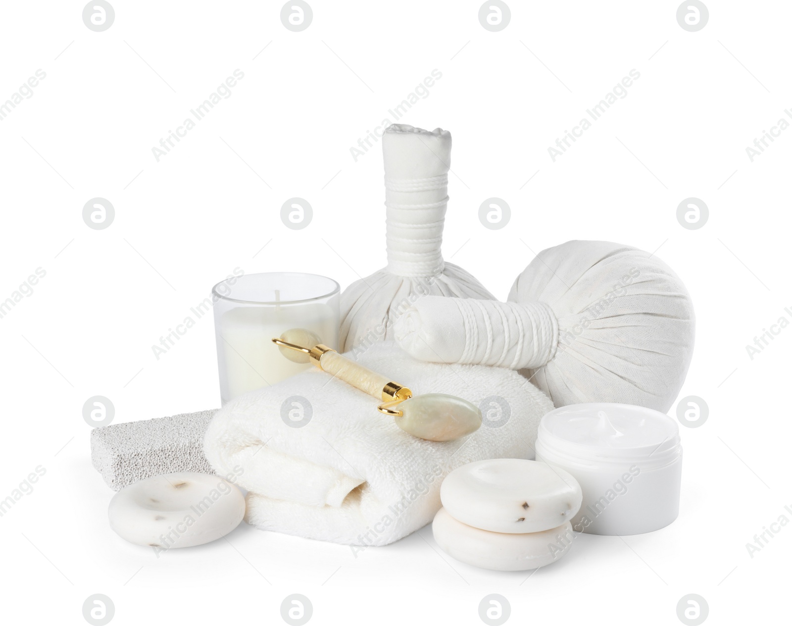 Photo of Beautiful composition with different spa products on white background