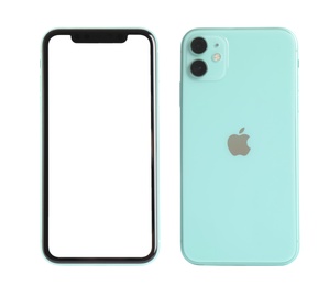 Image of MYKOLAIV, UKRAINE - JULY 07, 2020: New modern iPhone 11 with empty screen on white background, back and front views