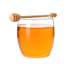 Photo of Jar with delicious honey and dipper on white background