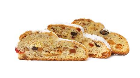 Photo of Traditional Christmas Stollen with icing sugar on white background