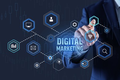 Image of Digital marketing. Businessman touching virtual screen with scheme, closeup