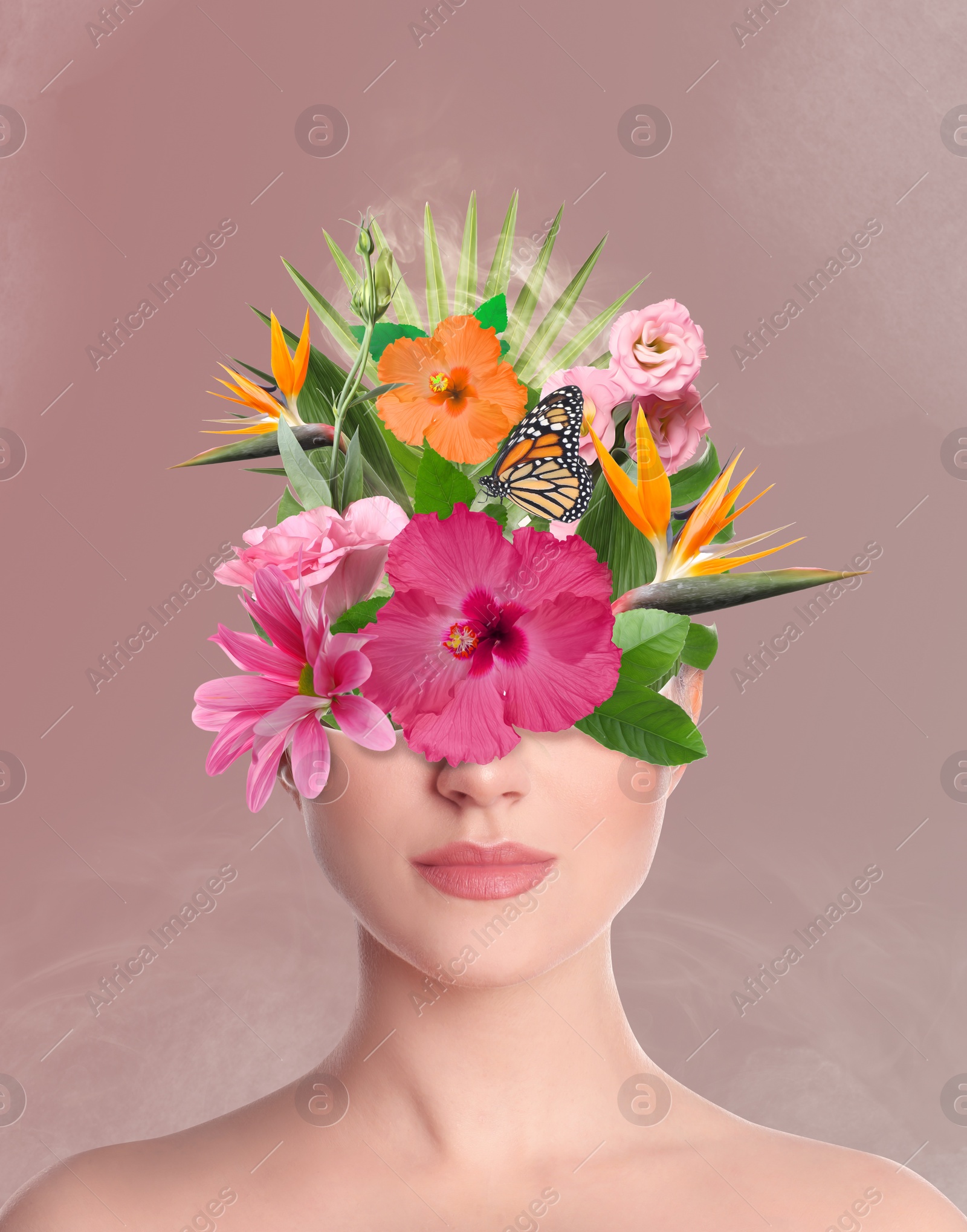 Image of Young woman with beautiful flowers and butterfly on pale pink background. Stylish collage design