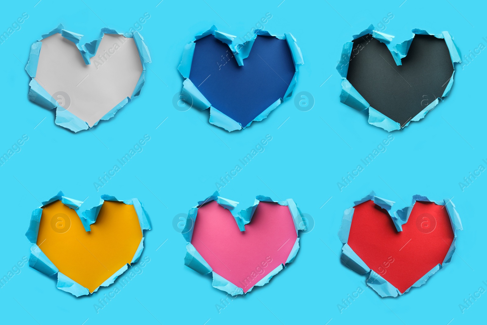 Image of Light blue paper with heart shaped holes on color background, collage design