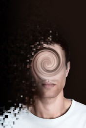 Image of Suffering from hallucination. Distorted photo of man on dark background