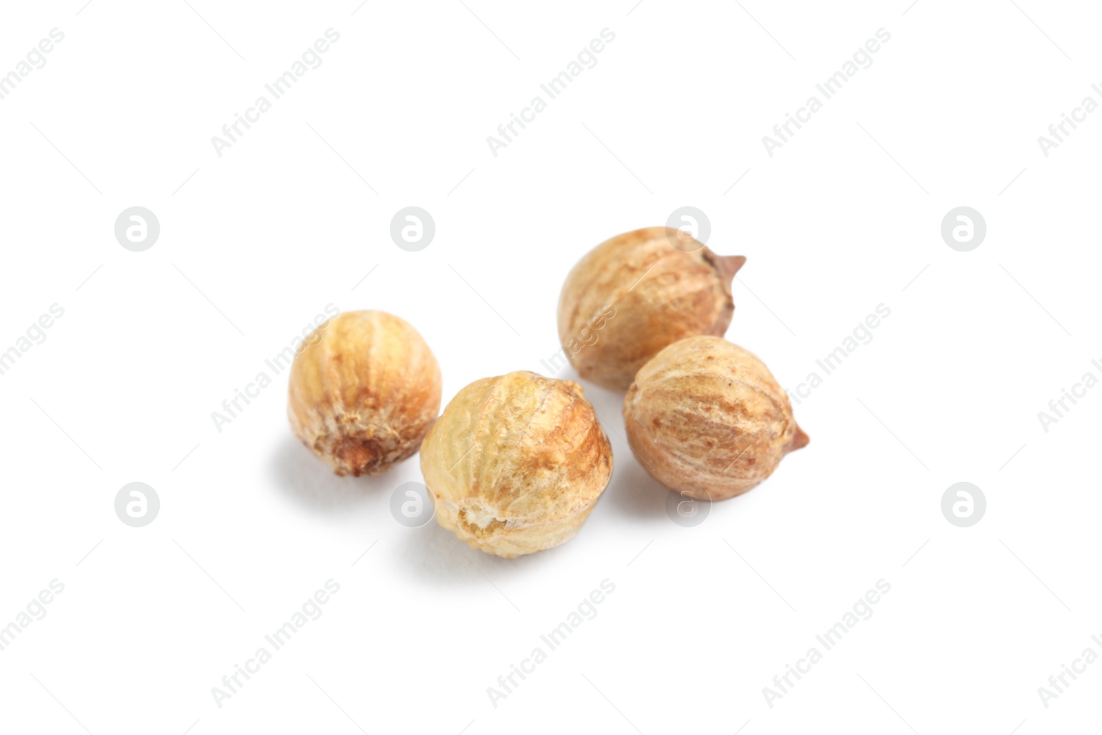 Photo of Scattered dried coriander seeds on white background