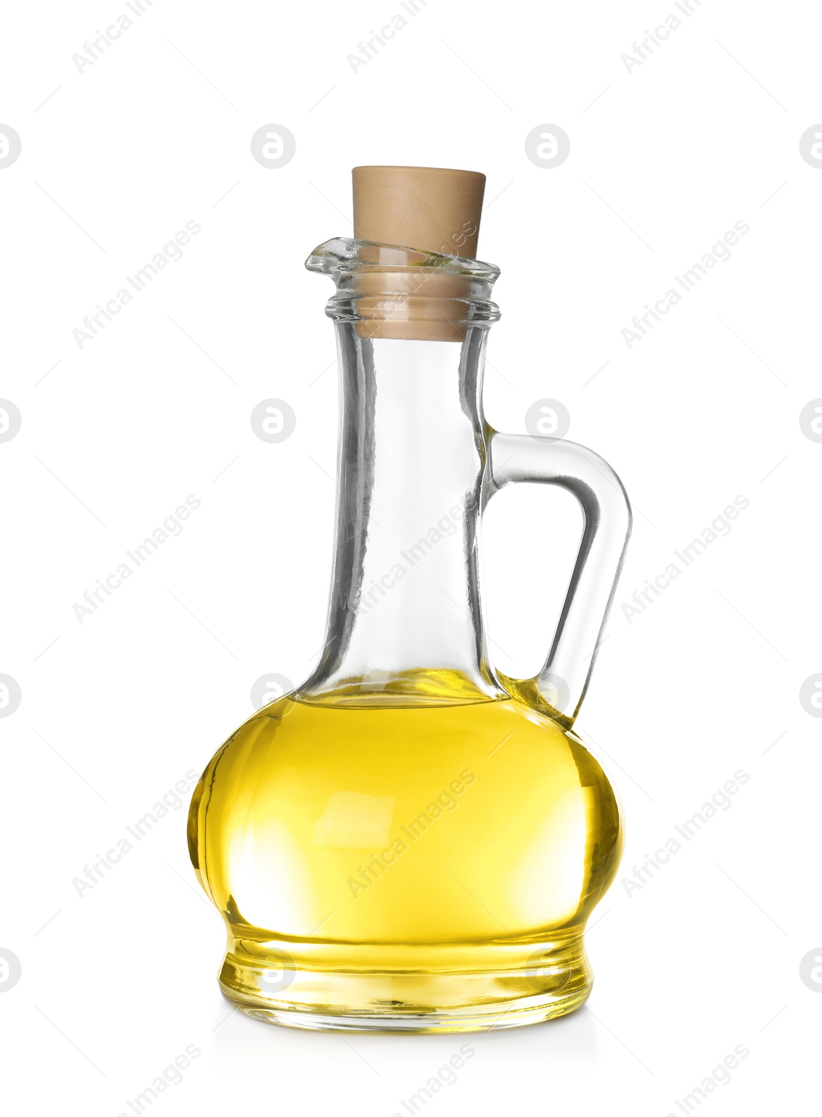 Photo of Cooking oil in glass jug isolated on white