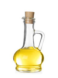 Photo of Cooking oil in glass jug isolated on white