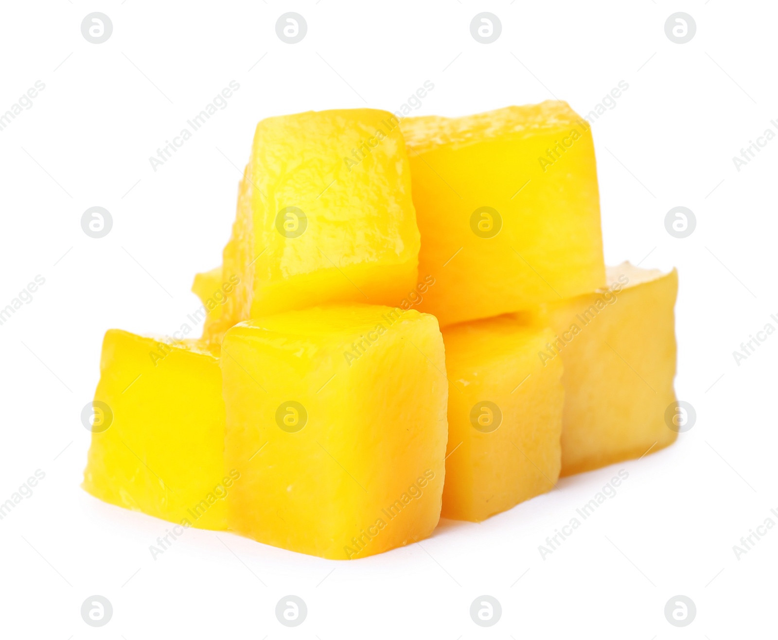 Photo of Fresh juicy mango cubes on white background