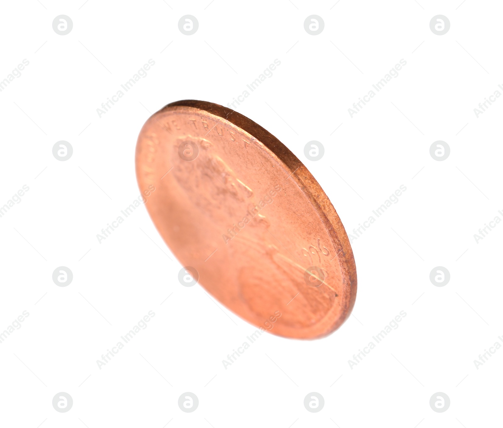 Photo of United States one cent coin on white background