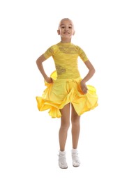 Photo of Beautifully dressed little girl dancing on white background