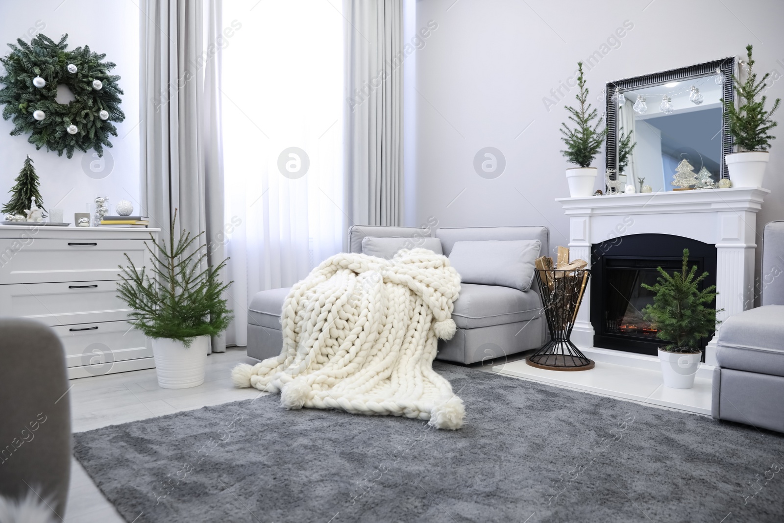 Photo of Stylish living room interior with little fir trees and Christmas decorations