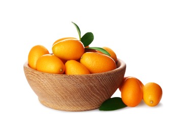 Fresh ripe kumquats in bowl on white background