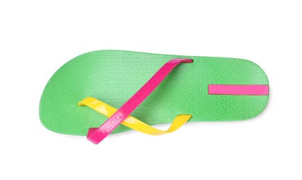 Photo of Single green flip flop isolated on white, top view