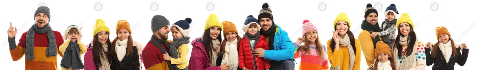 Image of Collage with photos of people wearing warm clothes on white background, banner design. Winter vacation