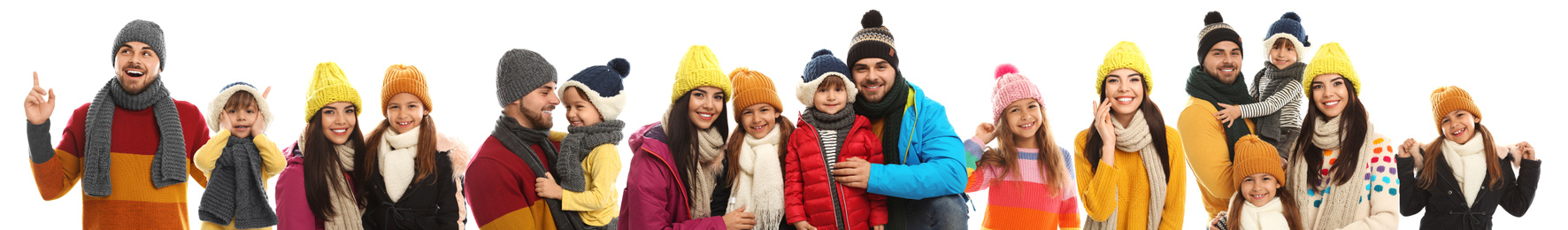 Collage with photos of people wearing warm clothes on white background, banner design. Winter vacation