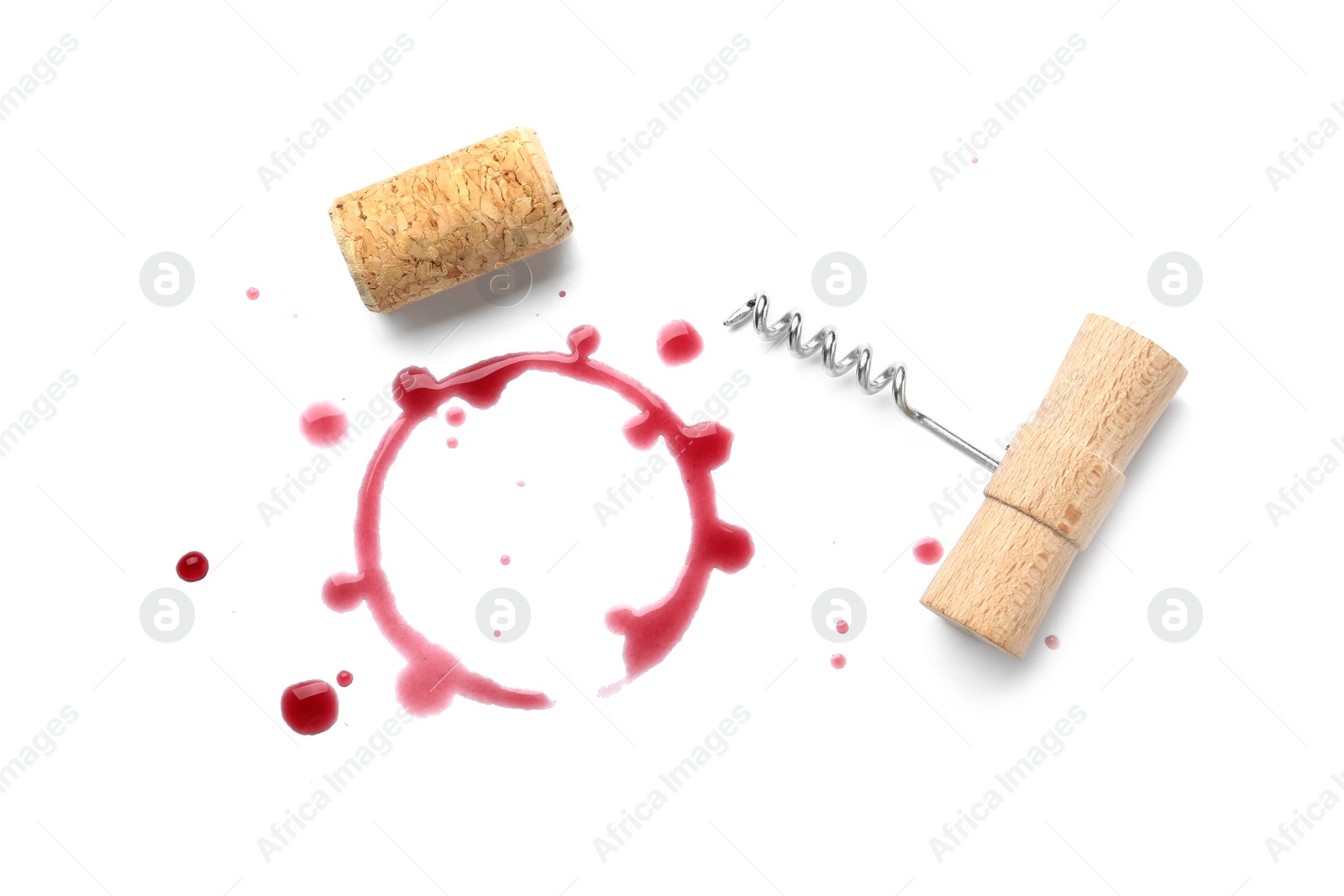 Photo of Red wine ring, drops, bung and corkscrew on white background, top view