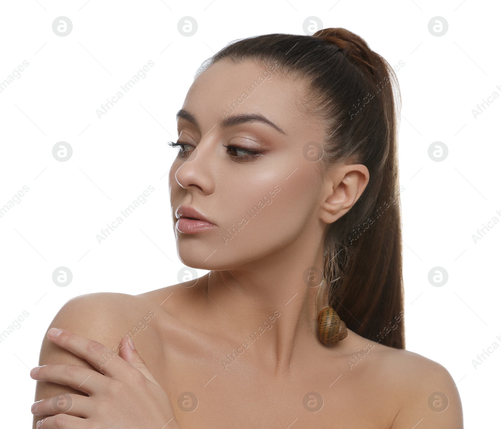 Photo of Beautiful young woman with snail on her neck against white background