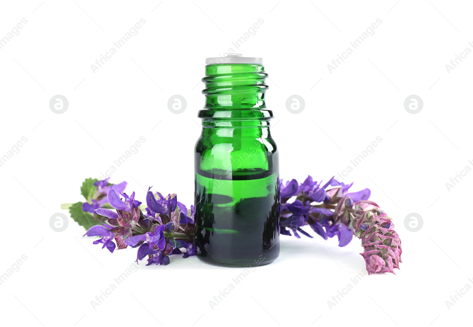 Photo of Bottle of herbal essential oil and sage flowers isolated on white