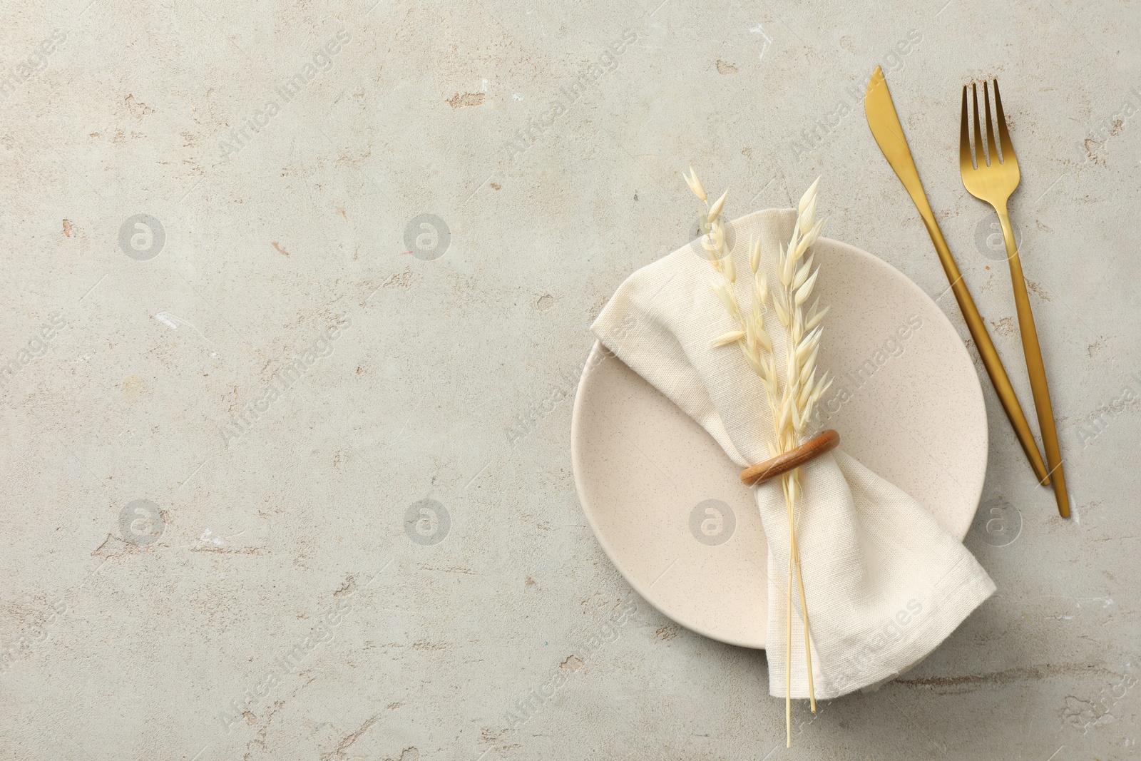 Photo of Stylish setting with cutlery, napkin, dry branch and plate on light table, top view. Space for text