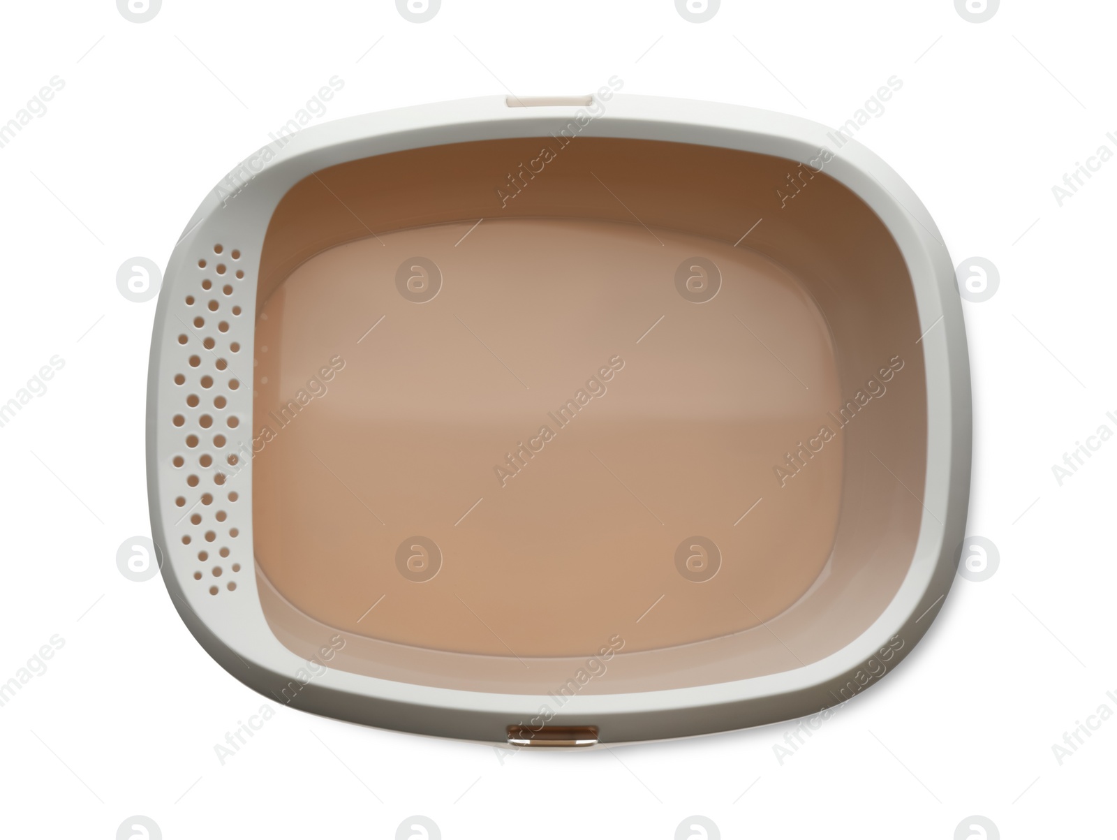 Photo of Empty beige cat litter tray isolated on white, top view