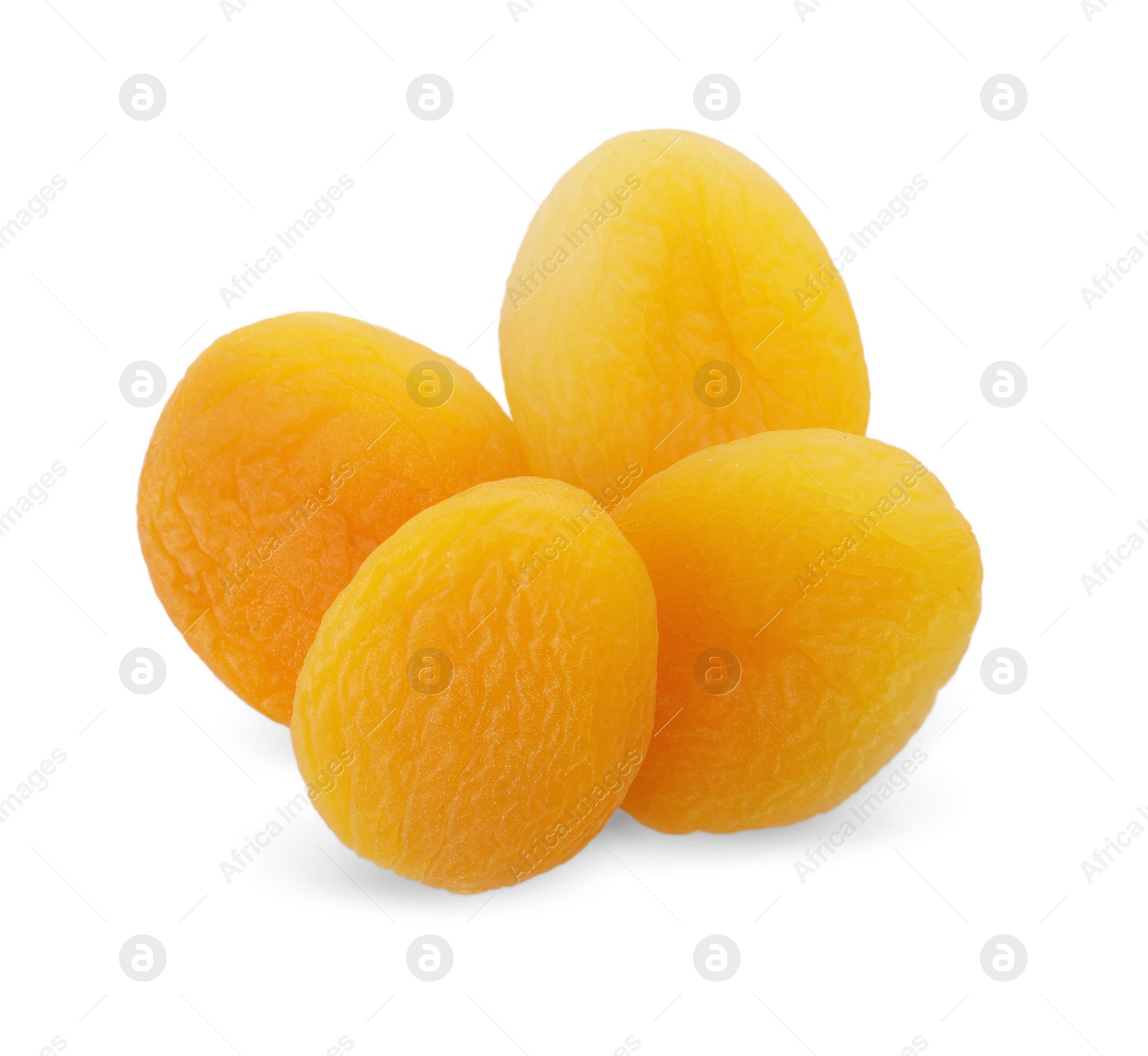 Photo of Pile of tasty apricots on white background, top view. Dried fruits