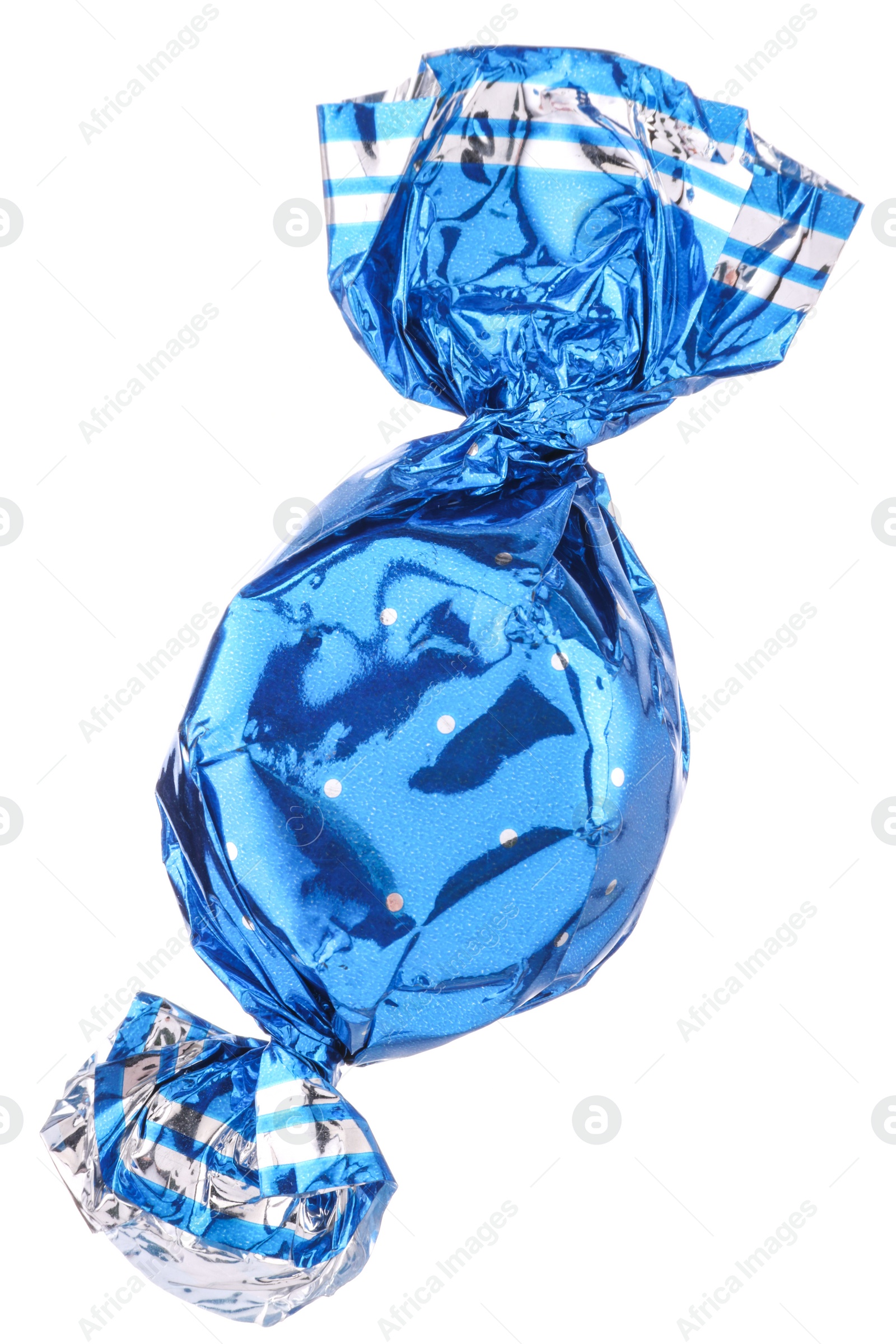 Photo of Candy in light blue wrapper isolated on white